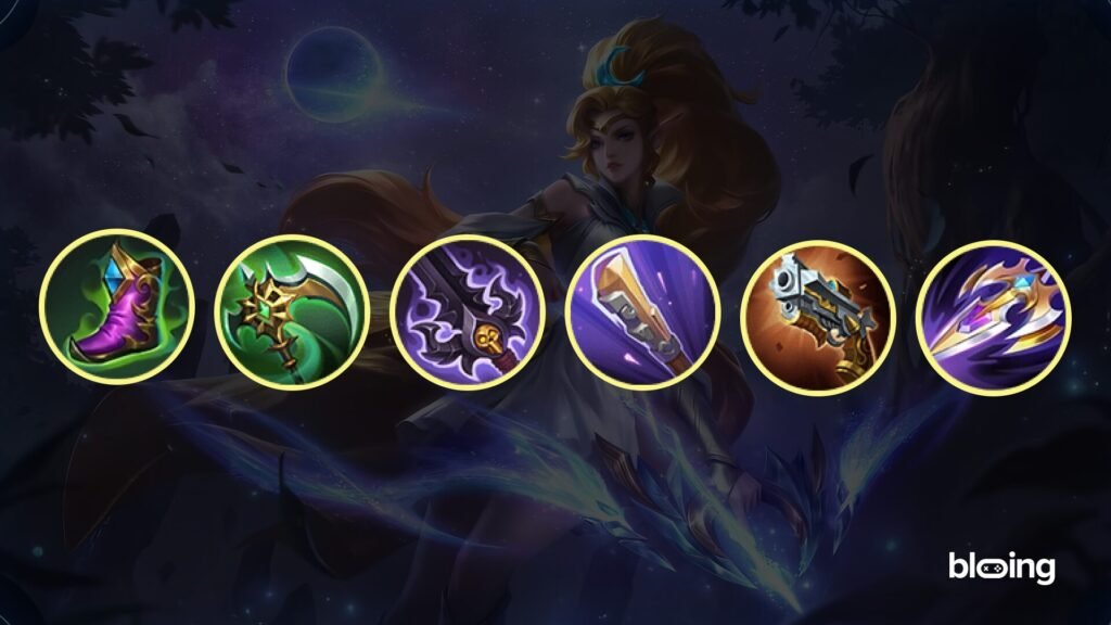 Best Miya Anti-tank item build Mobile Legends: Tough Boots, Corrosion Scythe, Demon Hunter Sword, Golden Staff, Malefic Roar, Sea Halberd