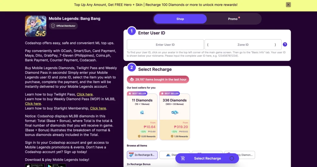 Codashop Mobile Legends page showing diamond packages for GCash top up
