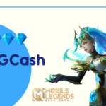 Karina Gemini Skin, Gcash, and Mobile Legends logo on a cream and blue background.