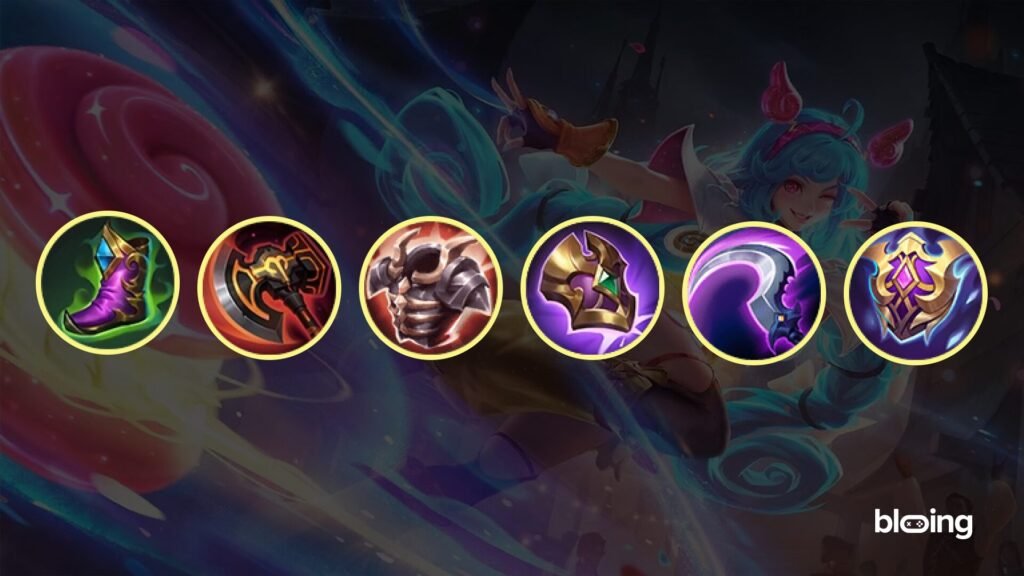 A list of Cici MLBB Best Item Build: Tough Boots, War Axe, Brute Force Breastplate, Dominance Ice, Athena's Shield, Hunter Strike