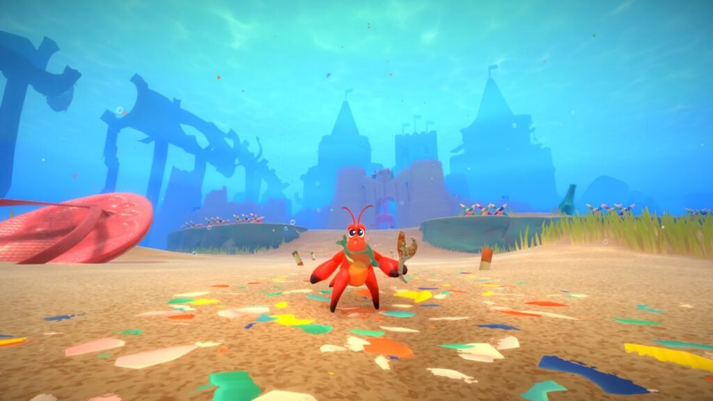A vibrant underwater scene with a cartoon hermit crab holding a fork in front of a castle, surrounded by colorful coral and confetti on the seabed.