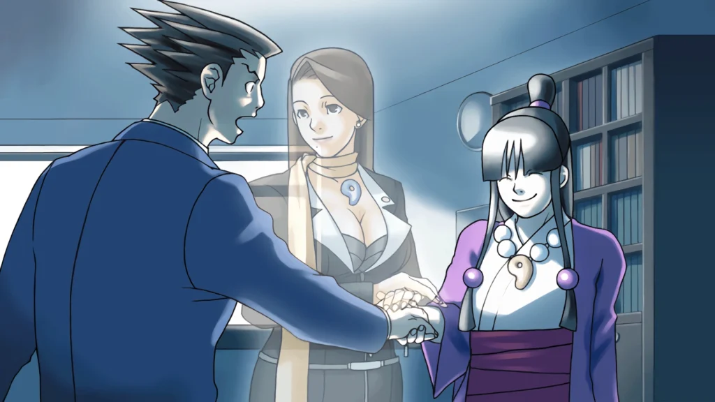 Maya Fey becomes Phoenix Wright's assistant, with Mia Fey looking on.