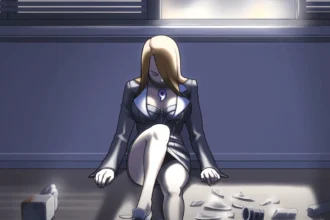 Mia Fey lies slumped by the wall of her law office after being hit with "The Thinker".