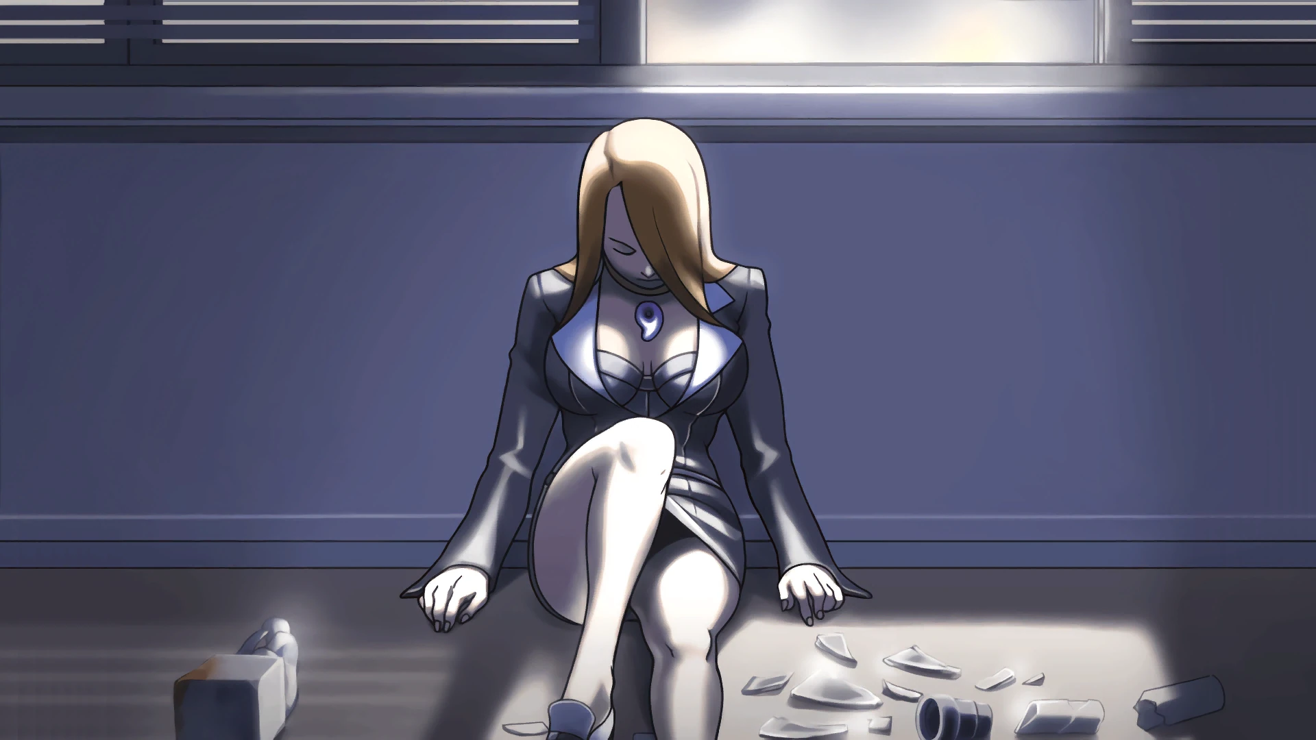 Mia Fey lies slumped by the wall of her law office after being hit with "The Thinker".