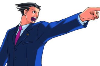 Phoenix Wright yells "Objection" from the defence stand in Court.