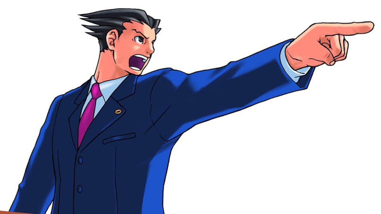 Phoenix Wright yells "Objection" from the defence stand in Court.