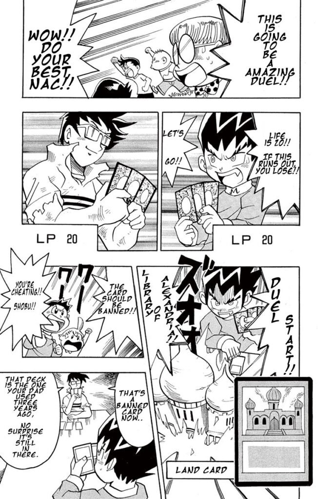 A page of the Duel Master's manga, Shobu engages in a duel against Nac