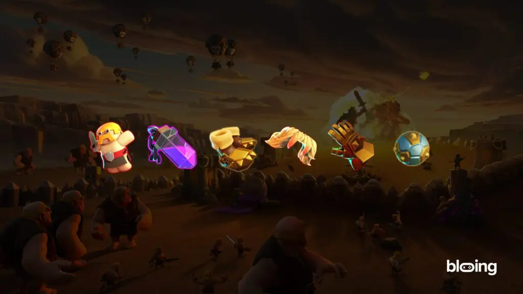 Clash of Clans Barbarian King equipment: Barbarian Puppet (Barbarian summons), Rage Vial (Rage spell boost), Earthquake Boots (AoE damage), Vampstache (lifesteal), Giant Gauntlet (Iron Fist boost), Spiky Ball (damaging projectile)