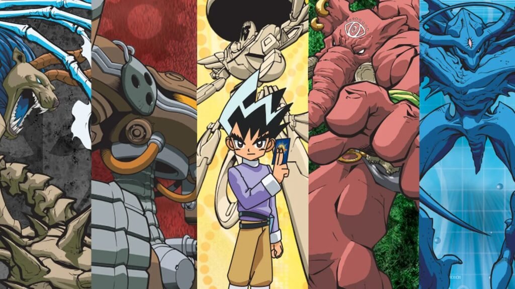 Shobu of Duel Masters is surrounded by a member of each civilization. Light (Urth), Nature (Mighty Shouter), Fire (Rothus), Darkness (Deathliger) and Water (Aqua Sniper) respectively. Civilizations are the 5 powers of Duel Masters mirroring the 5 colours of Magic.