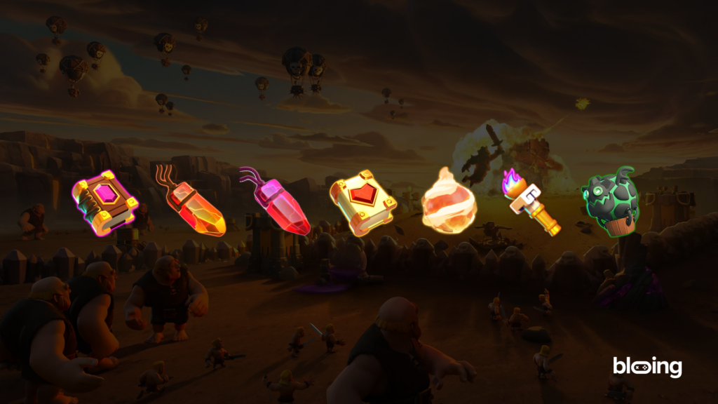 Clash of Clans Grand Warden equipment — Eternal Tome (invulnerability), Life Gem (healing), Rage Gem (rage boost), Healing Tome (group healing), Fireball (damage), Heroic Torch (speed and Wall-walking), Lavaloon Puppet (air support)