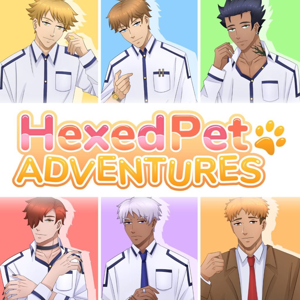 panels showing 6 anime style drawings of young men all dressed in japanese school uniforms form a box around the words Hexed pet Adventure written in colourful bubbles letters. 