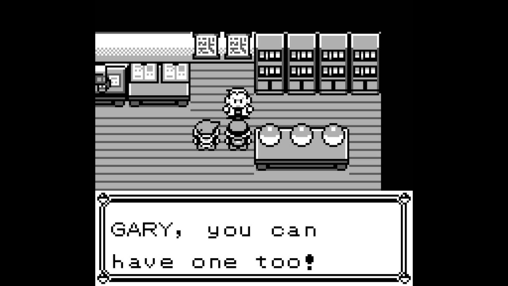 Pokemon Red and Blue originally released for the GameBoy back in 1996 by Game Freak, here is an iconic scene featuring Professor Oak and his grandson Gary ready for you to choose your first partner.
