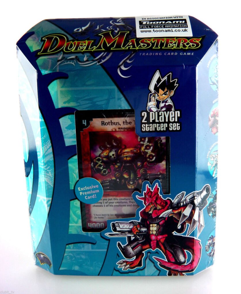 A 2-player starter deck set featuring Light, Fire and Nature Civilization cards inside. It includes a mini-comic, an exclusive Rothus, The Traveler premium card, 1 quick-start guide, 1 Rulebook, 2 playmats and a booster pack of DM-01 Base Set, the first set of the Duel Masters game