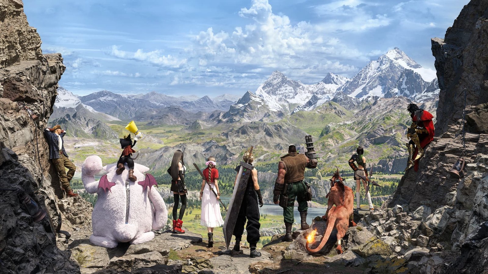 Cloud and his friends look out toward the expansive and beautifully tailored world of the remade FF7 planet. Cid, Cait Sith, Tifa, Aerith, Cloud, Barrett, Red XIII, Yuffie and Vincent all appear in the newest addition to the remade gaming franchise.