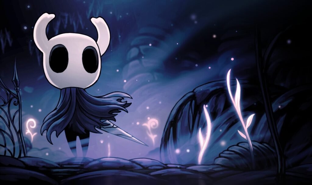 a dark image with a caped figure with a white skull stands on the left of the frame. the art style is cartoon and hand drawn. There are some black bd white plants that fill the rest of the image as the figure seems to walk down the forest path. 