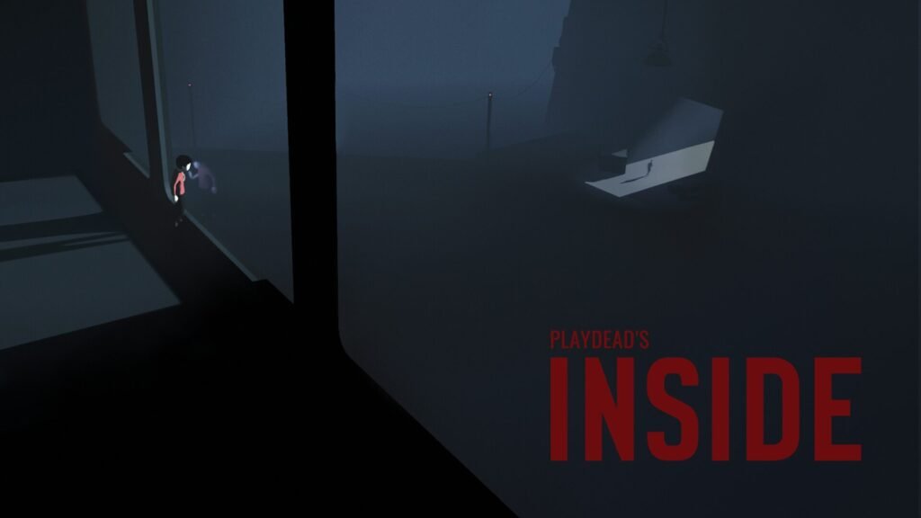 a very dark image with the words playdeadsinside in deep red on the right of the screen. on the left a young boy with no features stands and looks out a factory window on to the floor below to see a man leaving through the only lit door on the factory floor. 