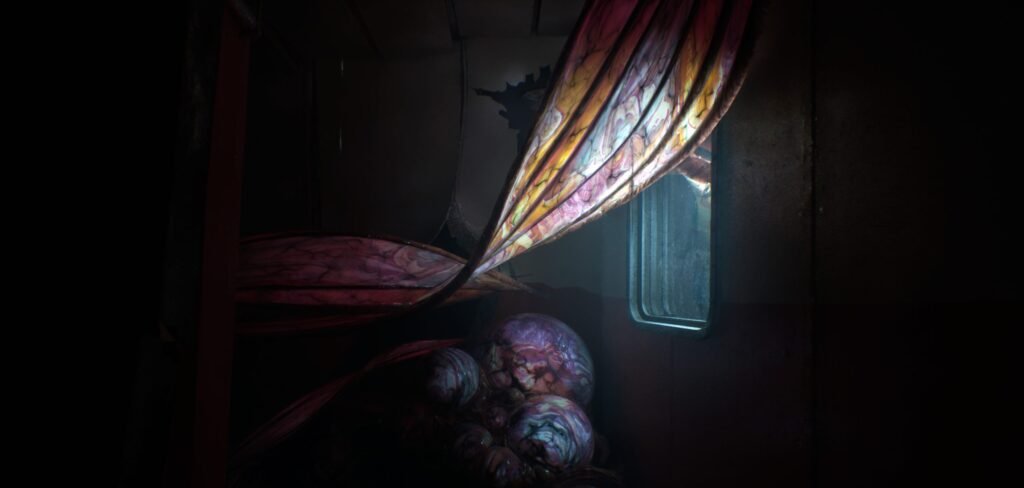 a dark image showing light peeking through a single ship window. light illuminates some fleshy sheets and flesh sacks with translucent skin with orange and pink hues.