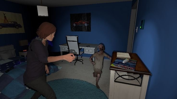 A blue childrens bedroom with a player character stood to the left and a baby ghost stood to the right on the image. the ghost is a horrifying visage in rage with a bloody face and no eyes in phasmophobia
