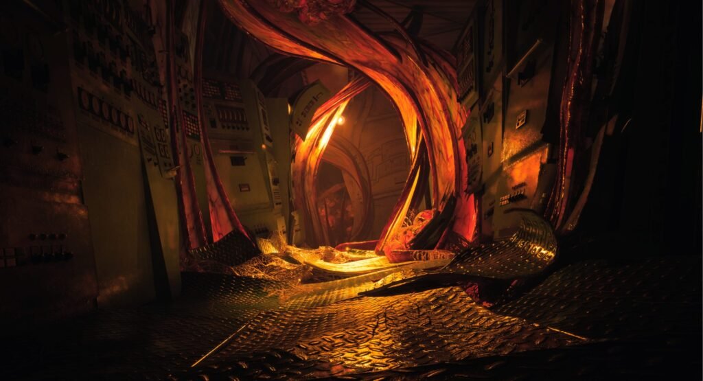 a twisted corridor with warped floor tiles and electrical panels on the walls. large orange tenacles and ribbons of flesh winds from the floor to the roof and the image is saturated in an orange emergency light. 