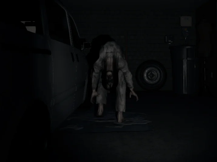 dark garage with a female ghost bend forward starting into the camera. 