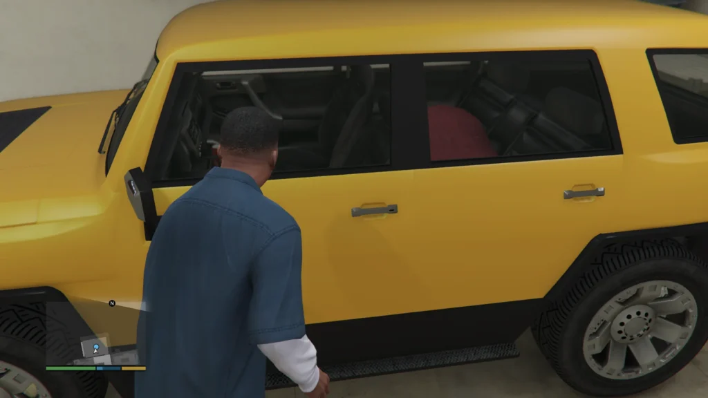 Franklin attempts to repossess Jimmy De Santa's car. Michael can be seen in the back seat.