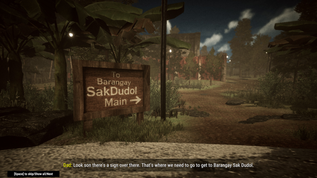 Wooden sign pointing to Barangay Sak Dudol Main as Dad tells Niko that is where they need to go in Hapunan