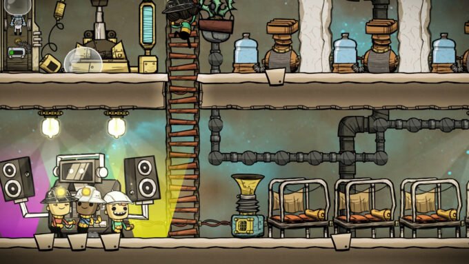 3 happy duplicants in Oxygen Not Included