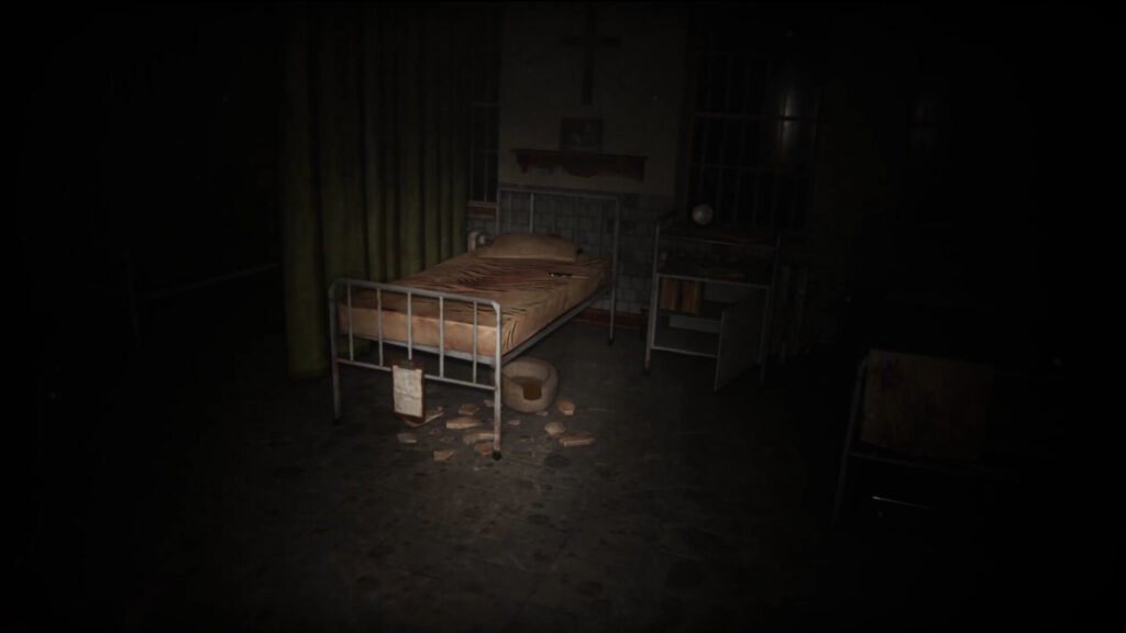 Realistic empty house interior from the Filipino horro game, Left Behind, showing a flashlight beam cutting through the dark room.