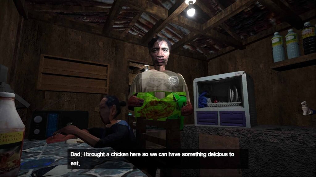 A scene from the Filipino horror game Hapunan showing a family inside a dimly lit kitchen as the father brings food to the table.