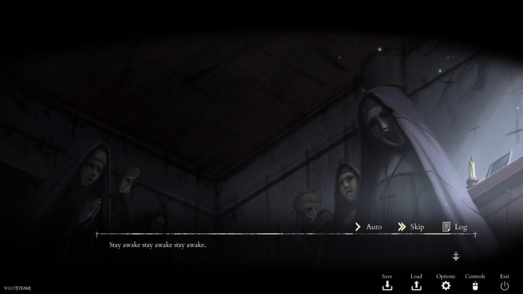 Filipino horror game Saint Maker screenshot showing the convent corridor and the protagonist surrounded by religious imagery.