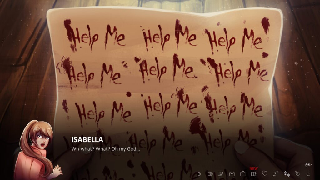 A scene from the Filipino horror game The Letter showing Isabella holding a note covered with the words “Help Me” written in blood.