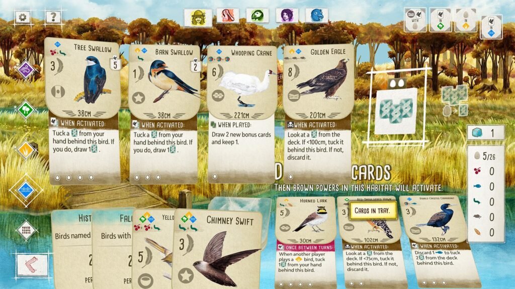 Wingspan’s digital bird cards arranged across habitats for Steam Animal Fest 2025.