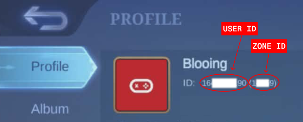 Mobile Legends profile screen showing where to find your User ID and Zone ID below your username