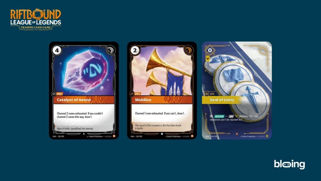 Catalyst of Aeons Mobilize Seal of Unity spell and gear cards Riftbound TCG