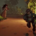 A survivor sprints down a torch-lit jungle path in Hantu & Hunted while the Kuntilanak closes in from behind, her long black hair and flowing dress visible against the dark tropical foliage.