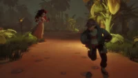 A survivor sprints down a torch-lit jungle path in Hantu & Hunted while the Kuntilanak closes in from behind, her long black hair and flowing dress visible against the dark tropical foliage.