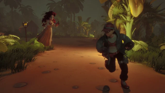 A survivor sprints down a torch-lit jungle path in Hantu & Hunted while the Kuntilanak closes in from behind, her long black hair and flowing dress visible against the dark tropical foliage.