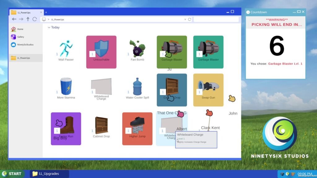 Langit Lupa: Office Wars powerup selection screen styled as a Windows XP desktop, showing options including Wall Passer, Untouchable, Fart Bomb, Garbage Blaster, More Stamina, Water Cooler Spill, Cabinet Drop, Higher Jump, Faster Run, and Swap Gun. A countdown timer on the right warns that picking ends in 6 seconds.