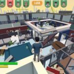 Langit Lupa: Office Wars gameplay screenshot showing players on elevated office furniture and walkways during a Langit Lupa round, with a 1:02 timer and player portraits displayed at the top of the screen.