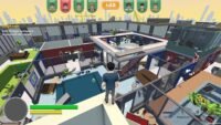 Langit Lupa: Office Wars gameplay screenshot showing players on elevated office furniture and walkways during a Langit Lupa round, with a 1:02 timer and player portraits displayed at the top of the screen.
