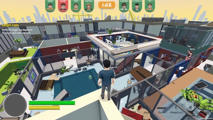 Langit Lupa: Office Wars gameplay screenshot showing players on elevated office furniture and walkways during a Langit Lupa round, with a 1:02 timer and player portraits displayed at the top of the screen.