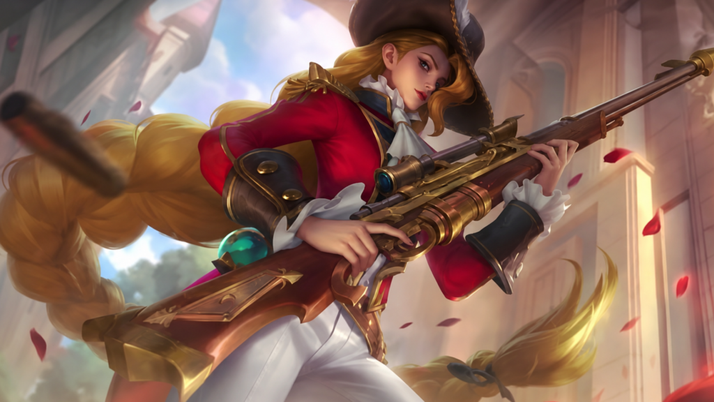 Lesley Royal Musketeer skin in MLBB, pirate-themed tricorn hat and red coat