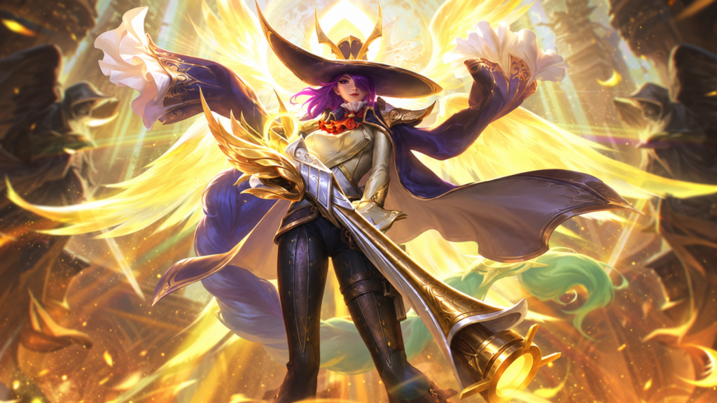 Lesley Angelic Agent Legend skin in MLBB, golden wide-brimmed hat and ornate blue coat
