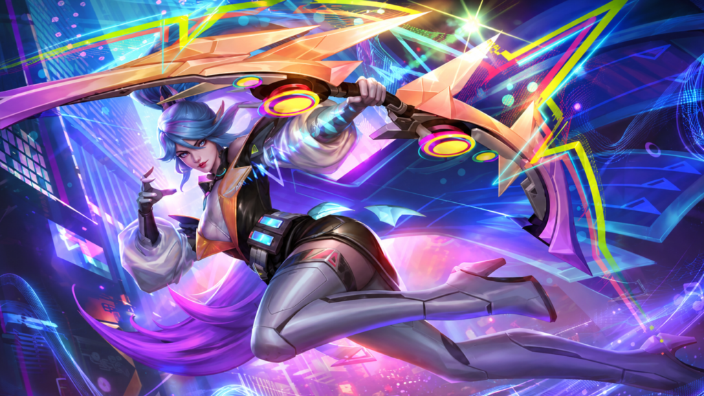 Miya Atomic Pop skin in MLBB, neon blue-purple sci-fi look