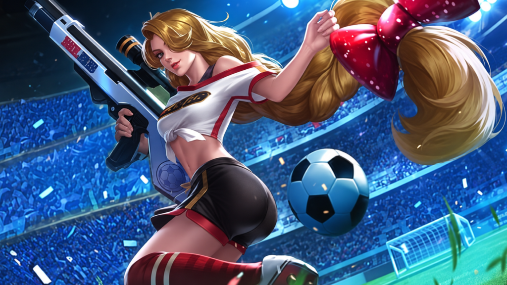 Lesley Cheergunner skin in MLBB, white sporty outfit with sci-fi weapon design