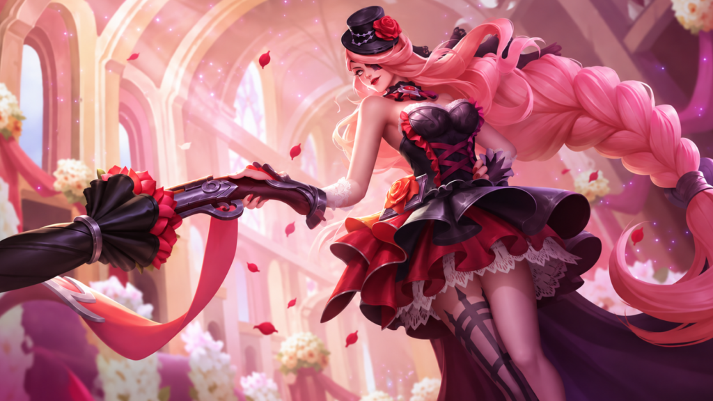 Lesley Dangerous Love skin in MLBB, gothic Valentine's look with black corset and rose-pink hair