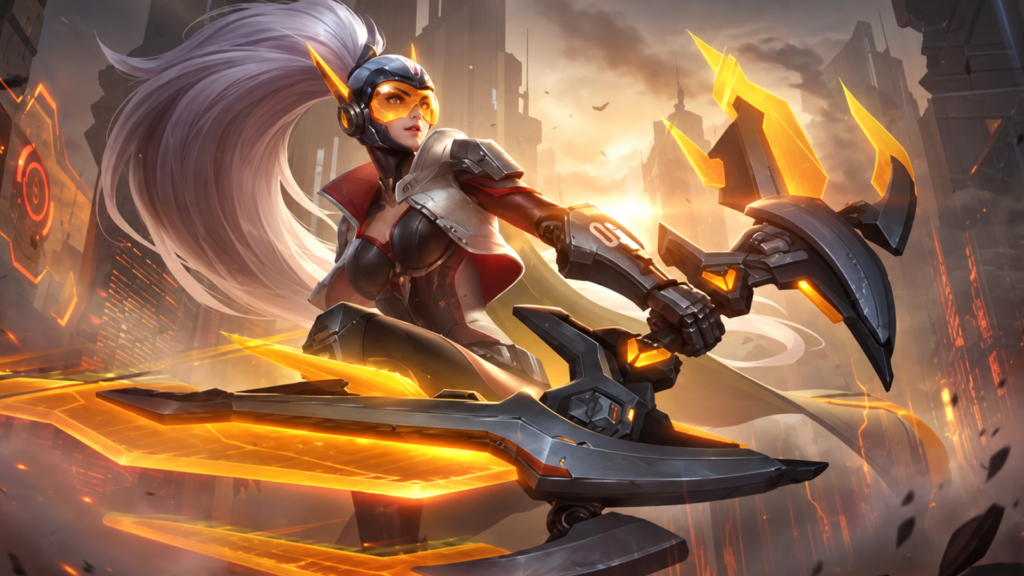 Miya Doom Catalyst skin in MLBB, futuristic mercenary look with mechanical helmet