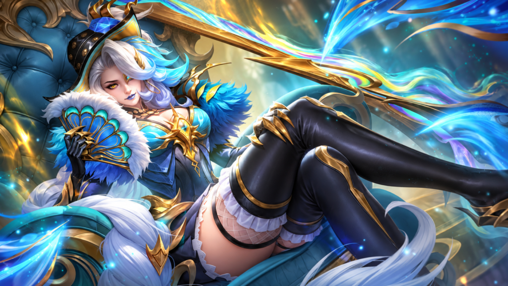Lesley Duchess of Tides skin in MLBB, white and blue hair with teal feathered collar