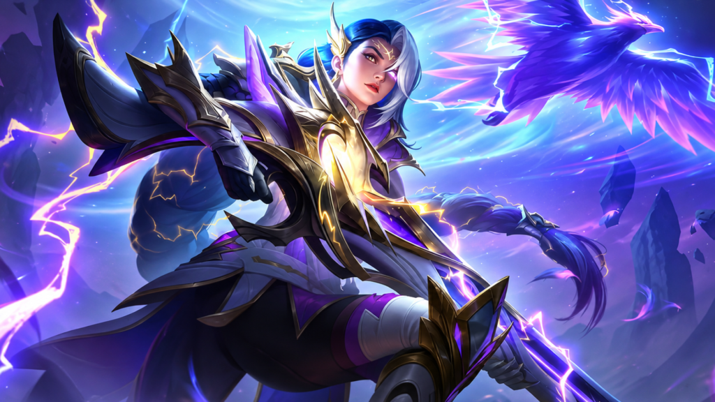 Lesley Hawk-eyed Sniper skin in MLBB, blue-silver hair with ornate wing-like armor