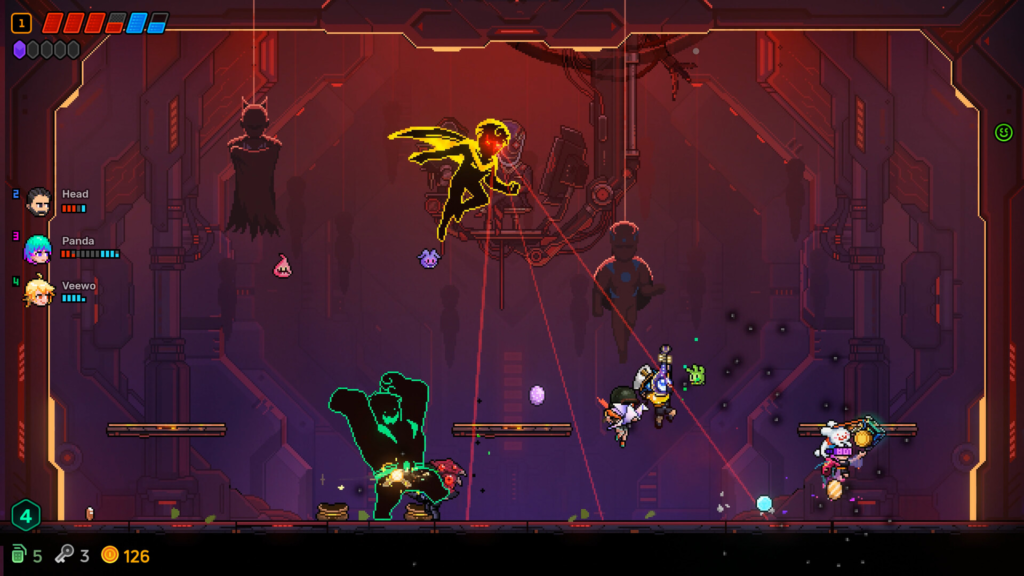 Neon Abyss 2 launch screenshot of four player co-op fighting a winged laser boss